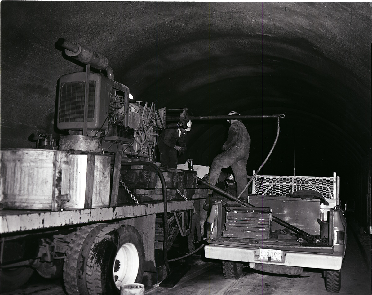 Crews and equipment drilling test cores in Zion-Mt. Carmel tunnel.