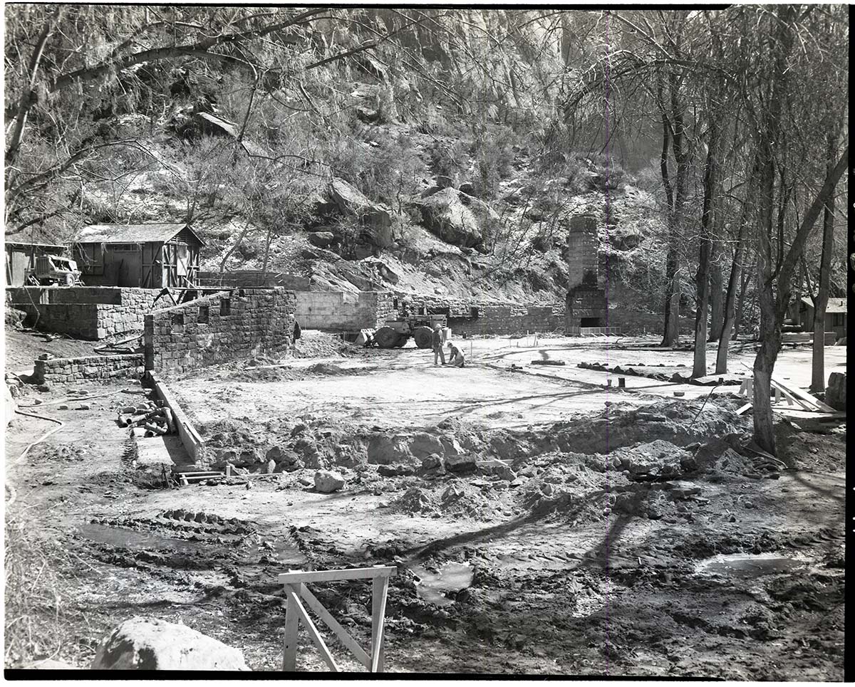 Restoration of Zion Lodge after its destruction by fire January 28, 1966.