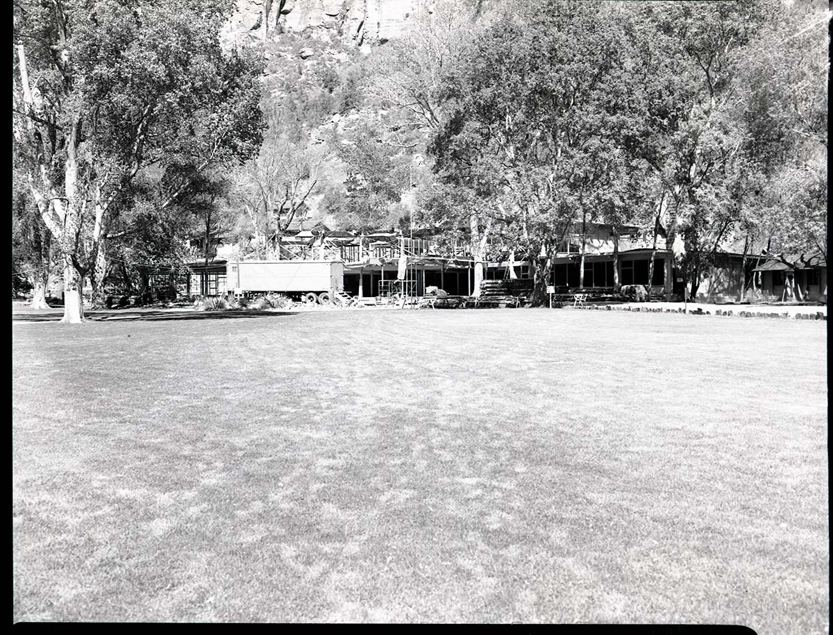 Rebuilding Zion Lodge after fire of January 28, 1966 - general view of construction.