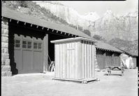 Pit toilet, in maintenance yard before installation.