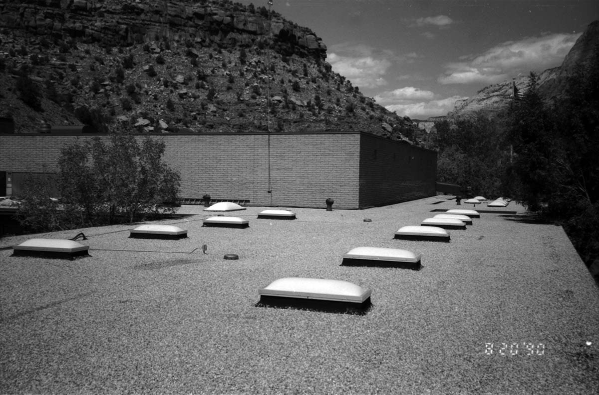 The top of the roof during the construction of headquarters addition.