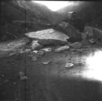 BW photo of rock slide near Echo Rock - 2.5" x 2.5".