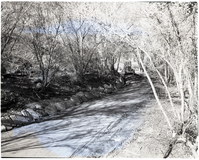 Road construction near new bridge at Oak Creek-stone rip rap at gutter, with grader.