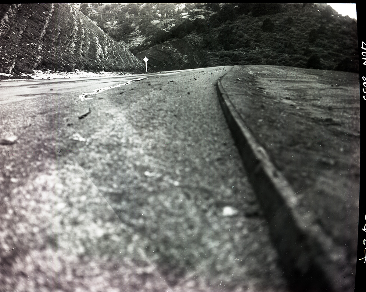 Erosion along Taylor Creek road caused by heavy winter snow and spring thaw. [Kolob Canyon]