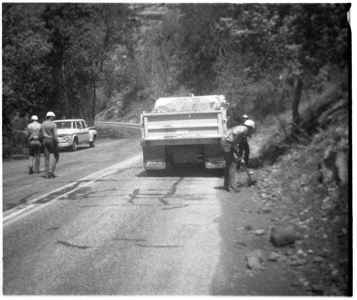 BW Photo of a rock slide along Route 2 - 110mm.