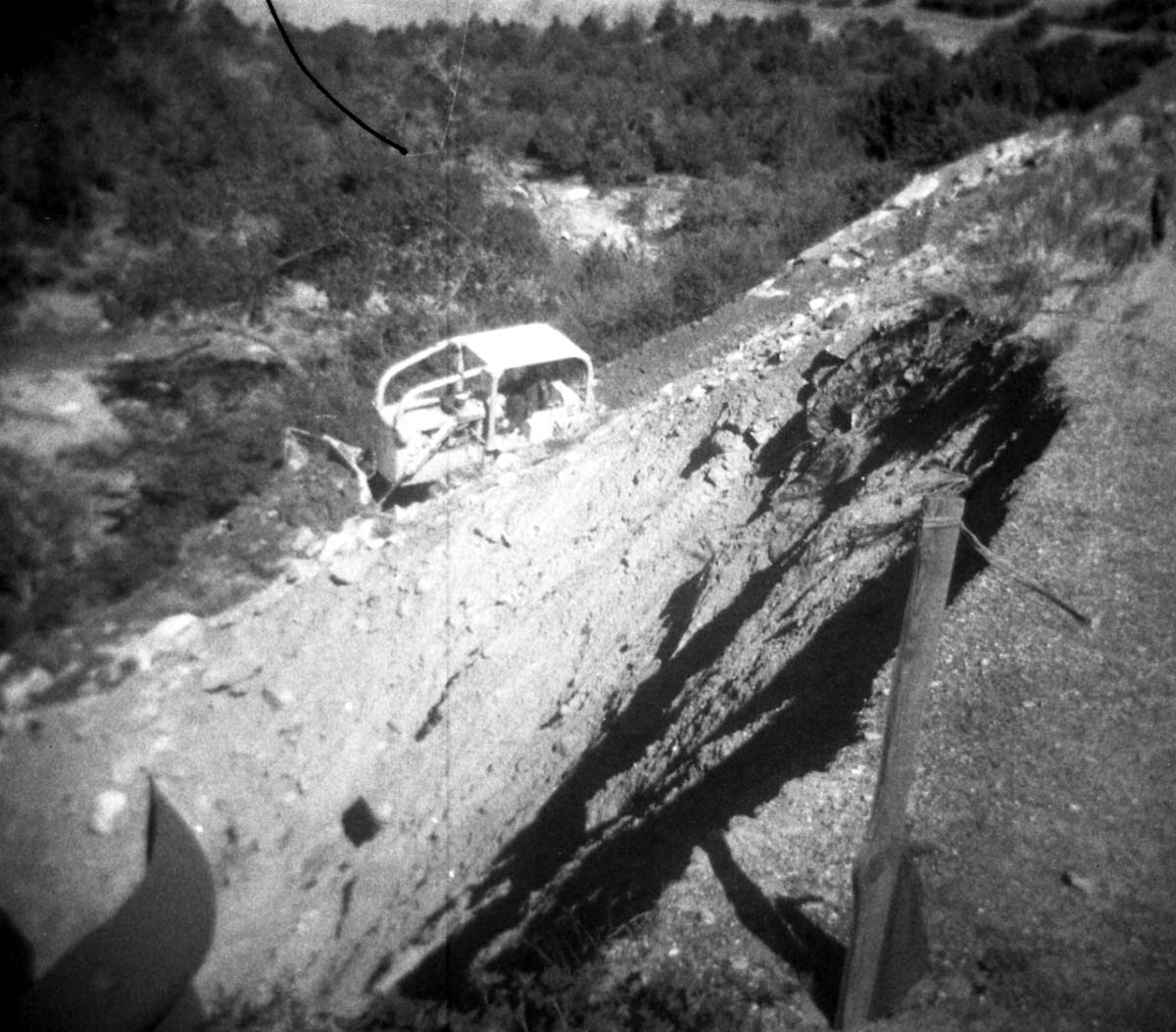 BW photos of rock slides in Kolob Canyons - 110mm. Bull dozer clearing rock slide.