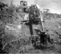 BW photos of rock slides in Kolob Canyons - 110mm. Trackhoe clearing rock slide debris.