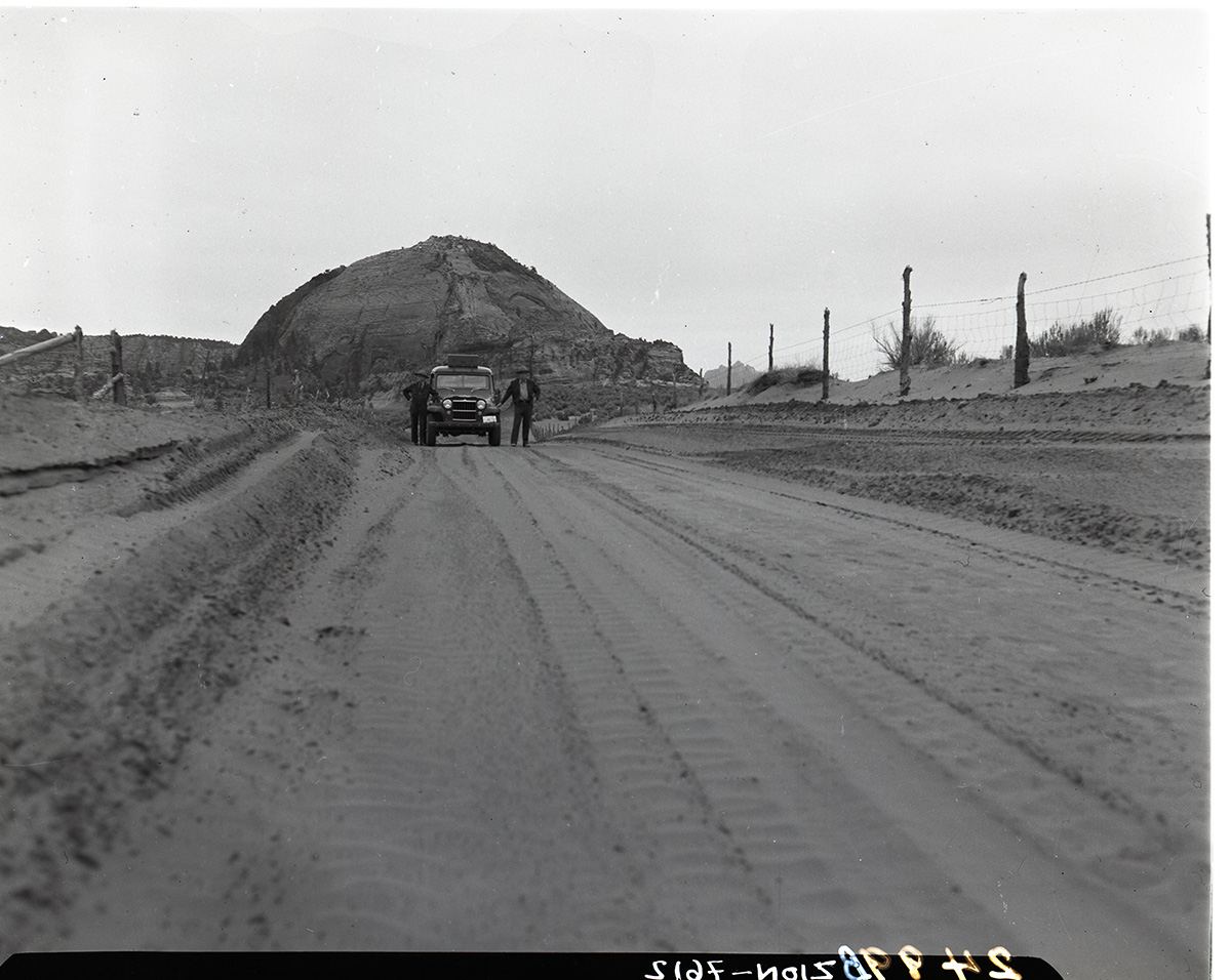 Wind-blown sands blocking Kolob Terrace road near the Tabernacle Dome.