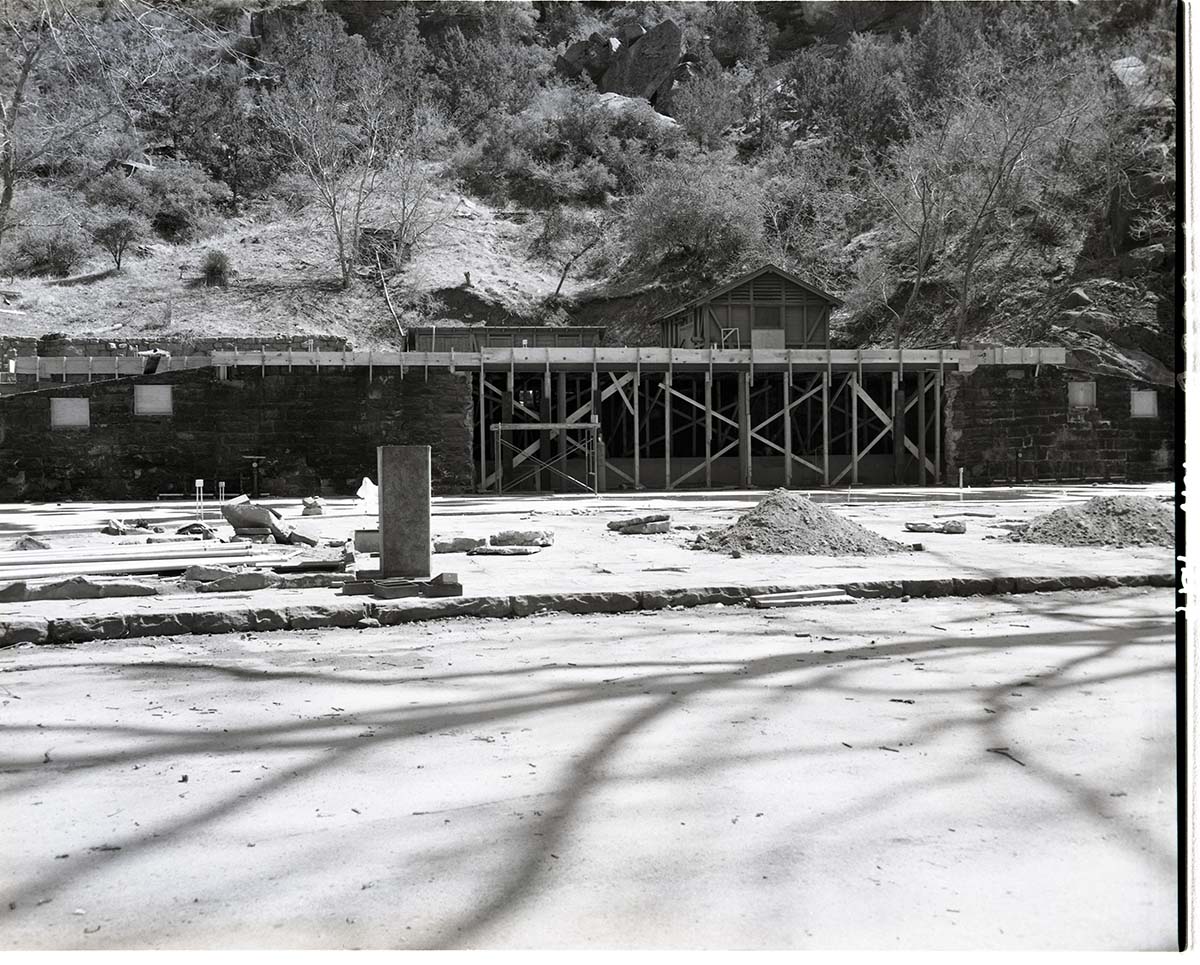 Restoration of Zion Lodge after its destruction by fire January 28, 1966.