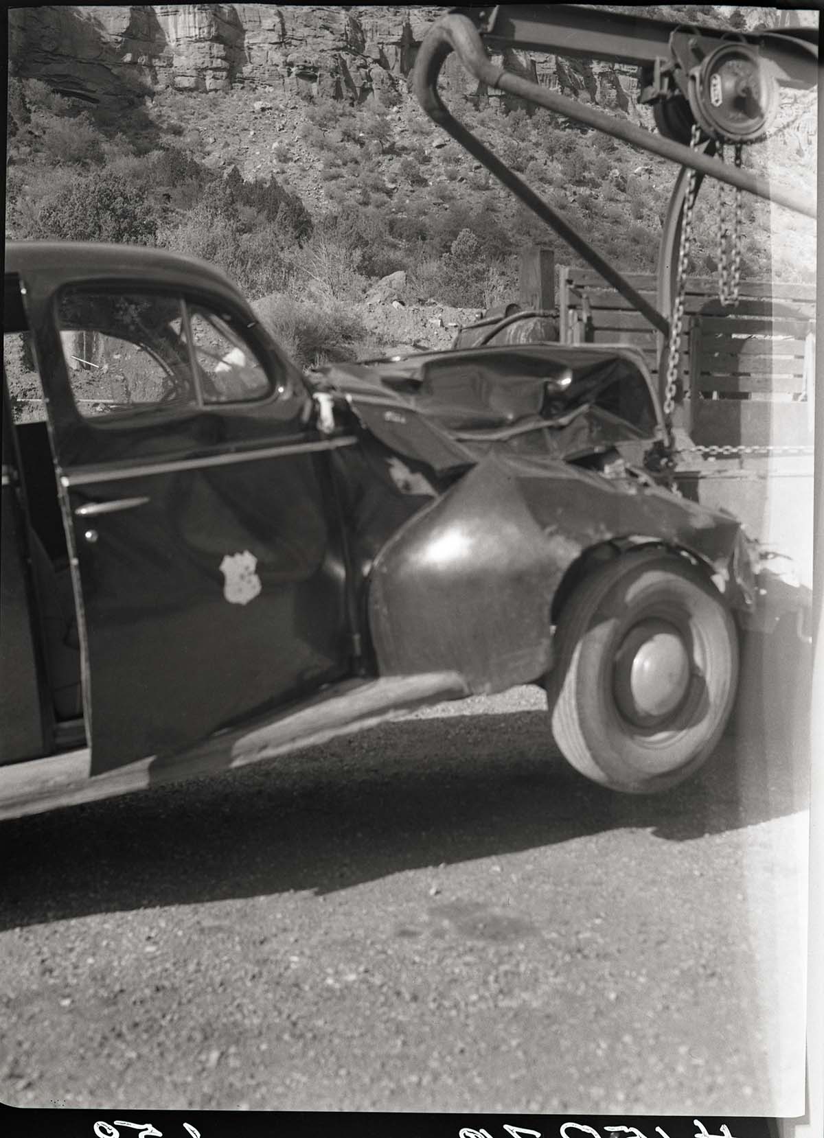 Accident damage to Chief Ranger's car after hitting horse.