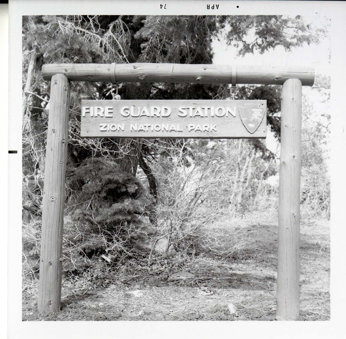 Sign reading 'Fire Guard Station, Zion National Park' in Kolob Canyon.