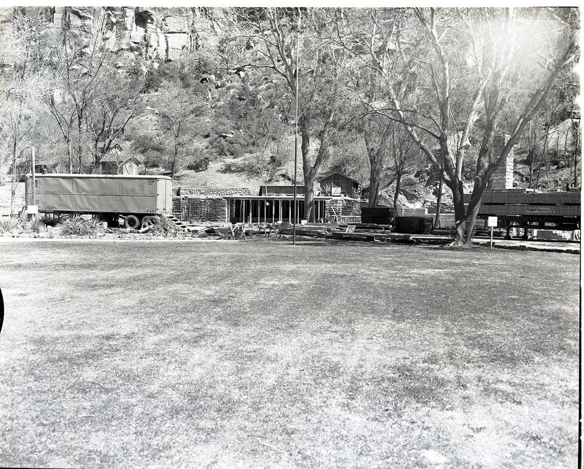 Rebuilding Zion Lodge after fire of January 28, 1966.