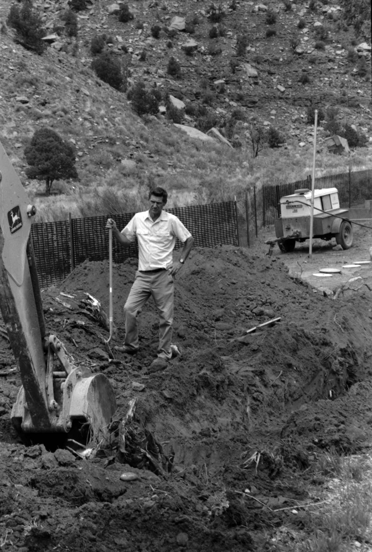 Worker during construction of headquarters addition.