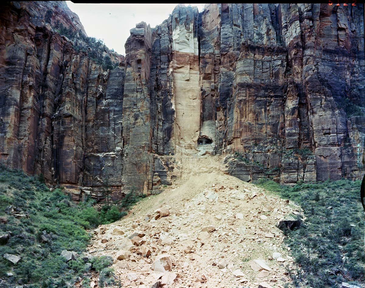Color Photo of the Zion Tunnel rock slide.