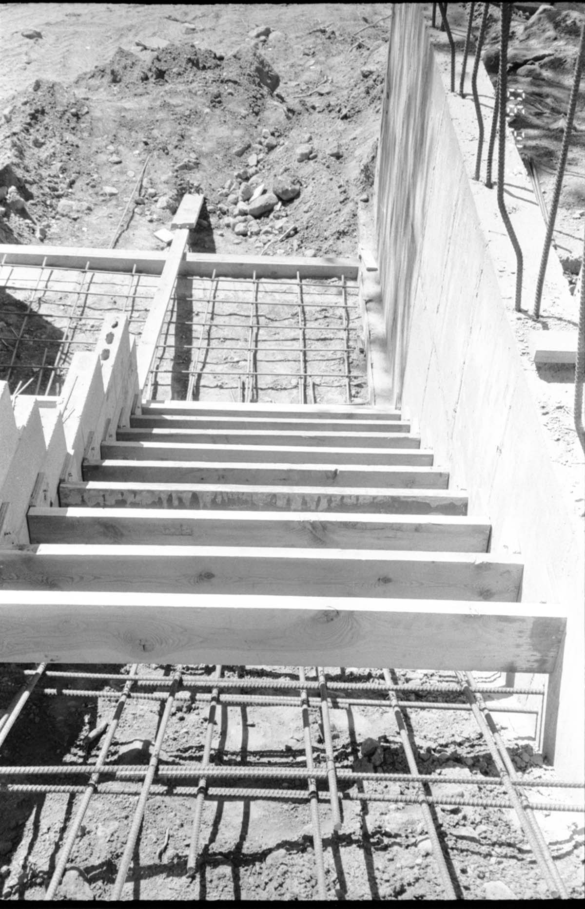 Staircase being built during the construction of headquarters addition.