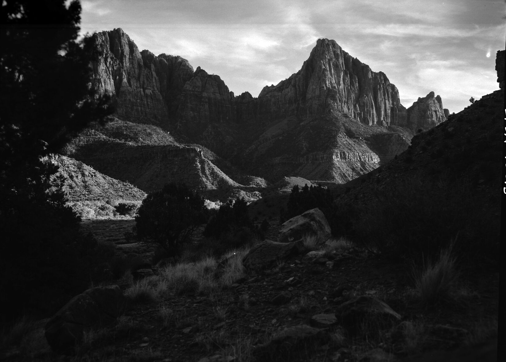 Afternoon view south of the Watchman from near Oak Creek. Clear Hill in foreground to right.