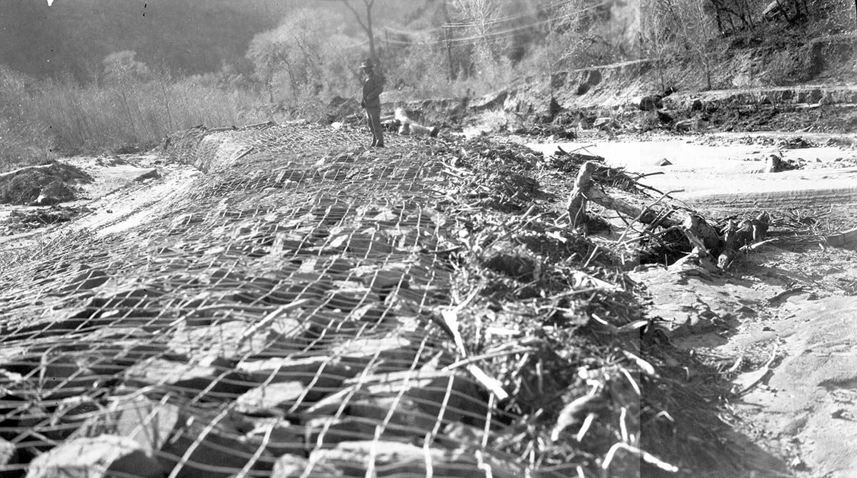 Basket dam #1, completed with the exception of back filling along toe of dam.