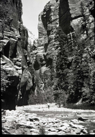 Zion Narrows with hiker in foreground.