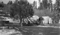 The Civilian Conservation Corps (CCC) stub camp (temporary camp sometimes referred to as a spike camp) located in Jolley Wash. View of three tents behind pinyon and small juniper trees, with a small amount of snow on the ground. Civilian Conservation Corps (CCC) workers constructing the East Rim Trail were temporarily housed at the Jolley Wash campsite.