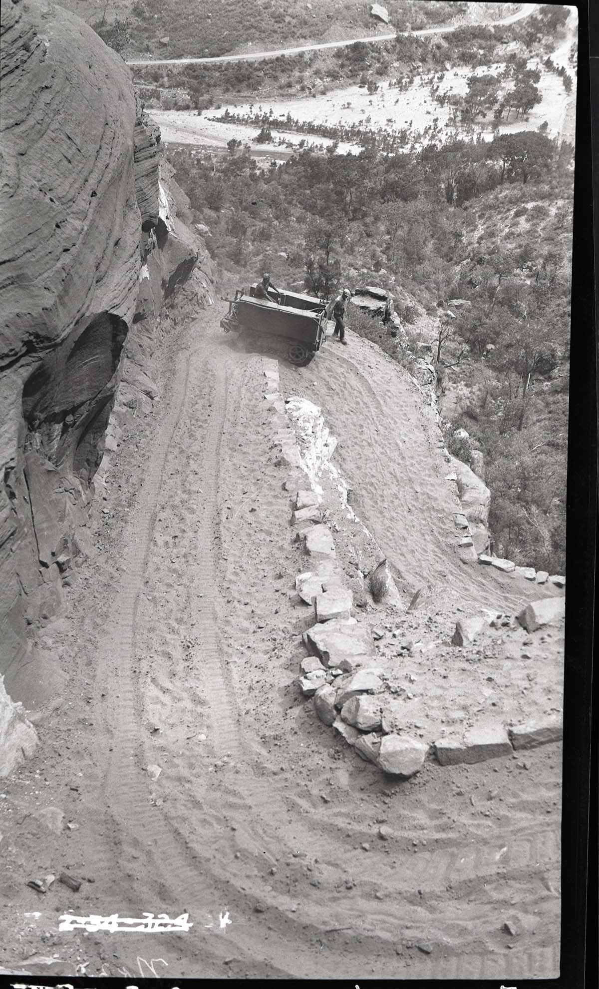Construction on West Rim Trail and use of caterpillar tractor surfacing trails.