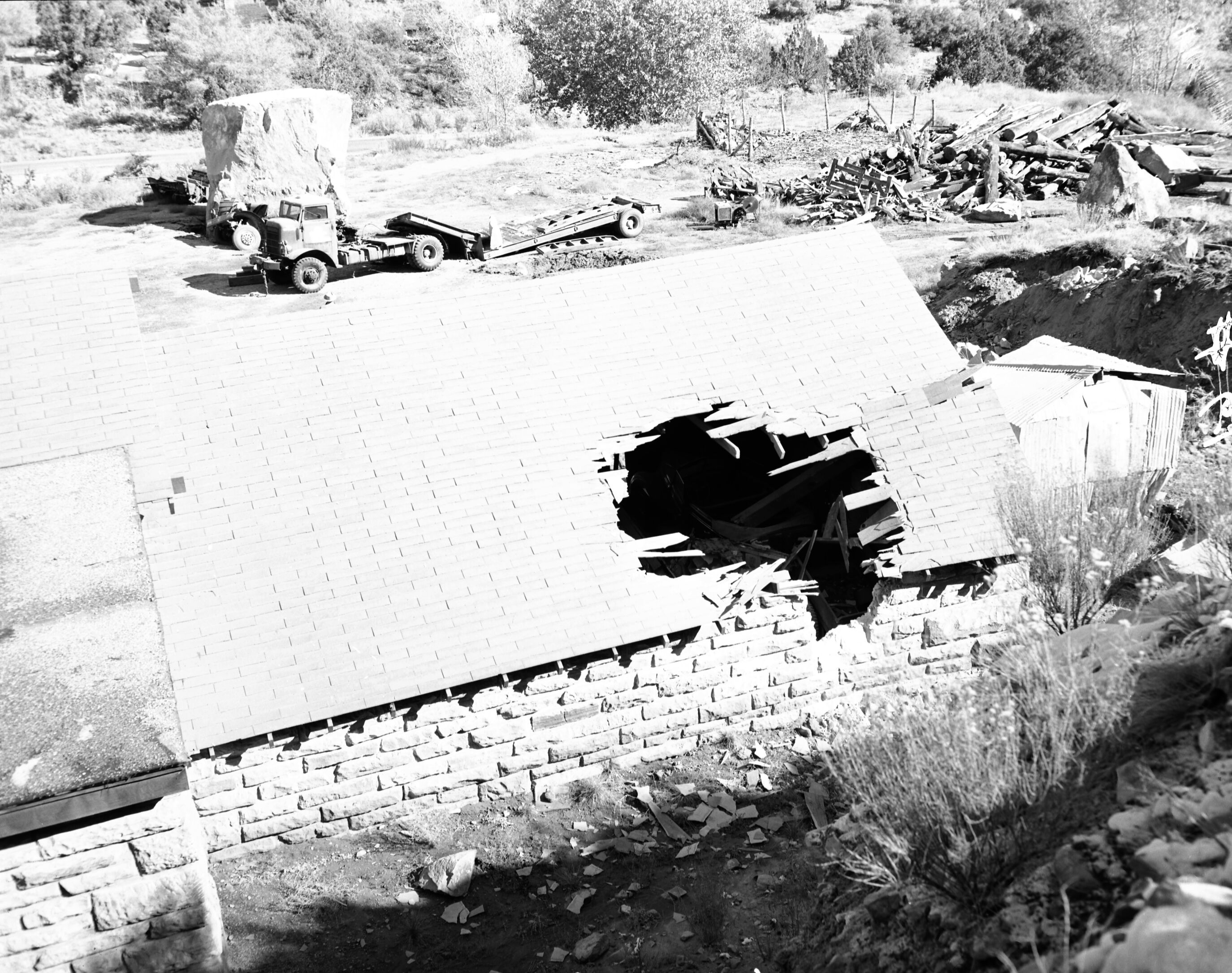 B&W negative of rock slide near Temple of Sinawava. [scratches, pits]