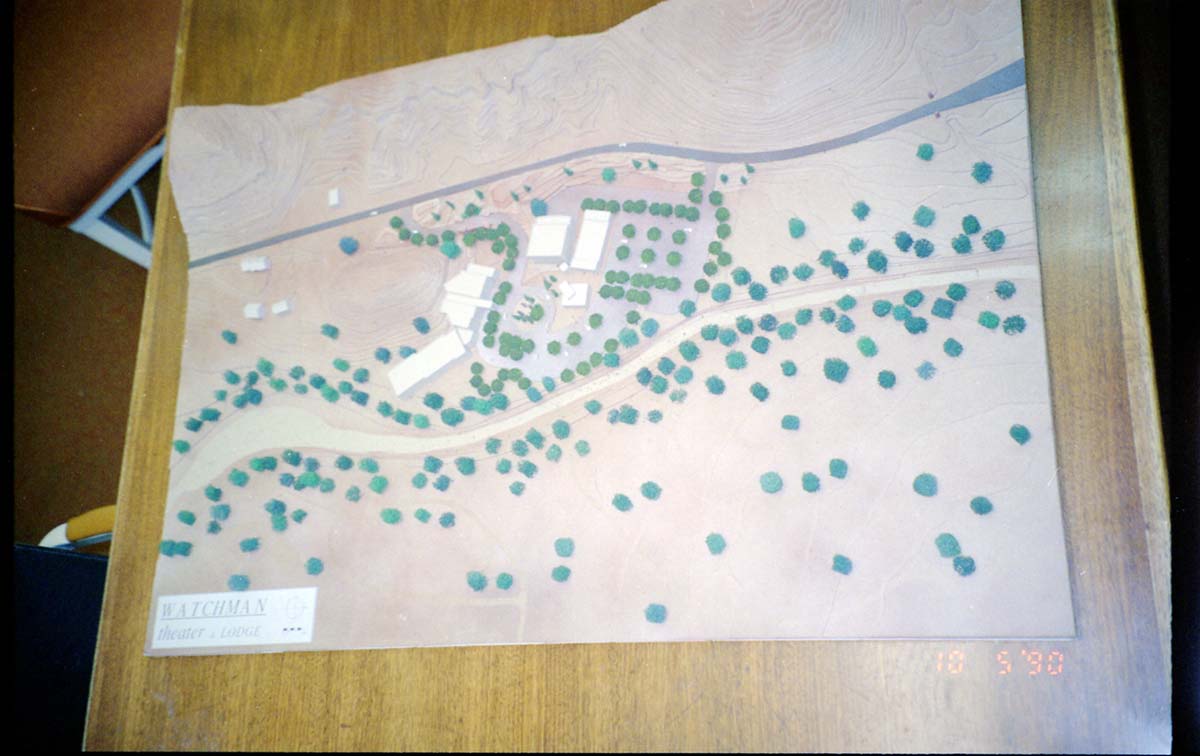 Color photos of an architectural model for an early proposed IMAX complex.