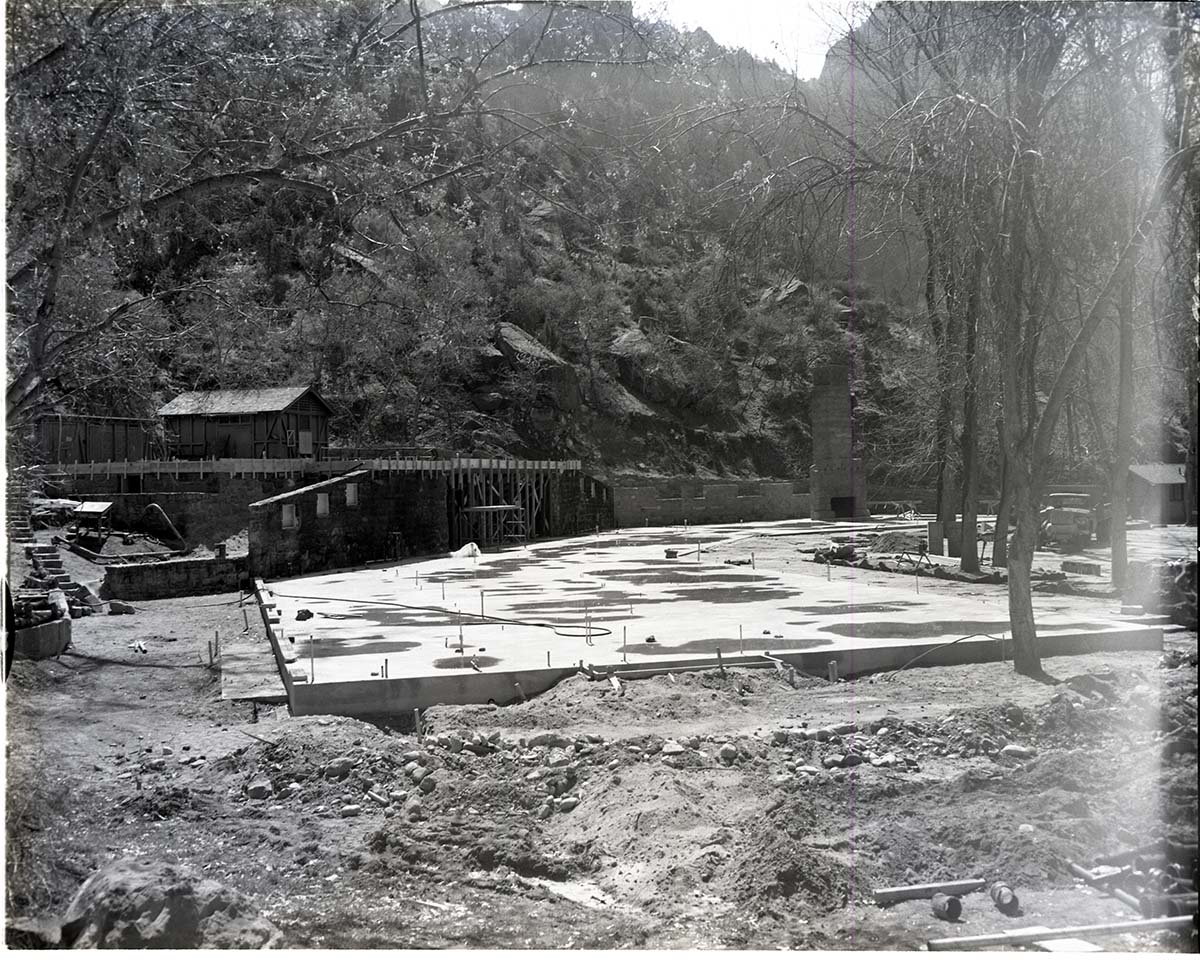 Restoration of Zion Lodge after its destruction by fire January 28, 1966.