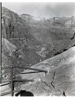 View from end of canyon overlook trail of switchbacks on leaving Zion-Mt. Carmel tunnel.