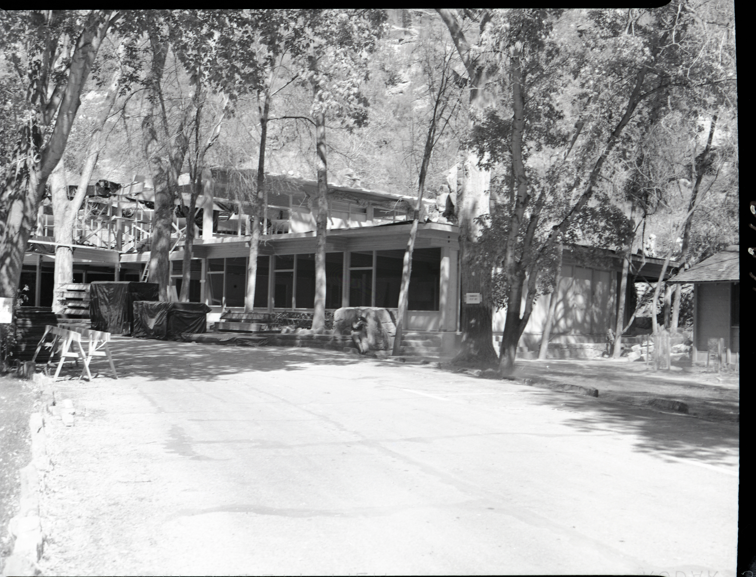 Rebuilding Zion Lodge after fire of January 28, 1966 - general view of construction.