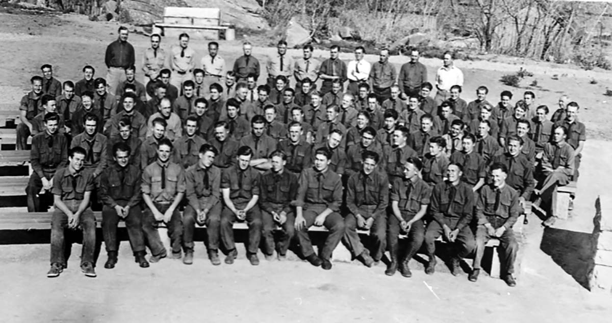 Emergency Conservation Work (ECW) men and overhead personnel Camp ZNP-2, lecture circle camp center. (Civilian Conservation Corps (CCC)).